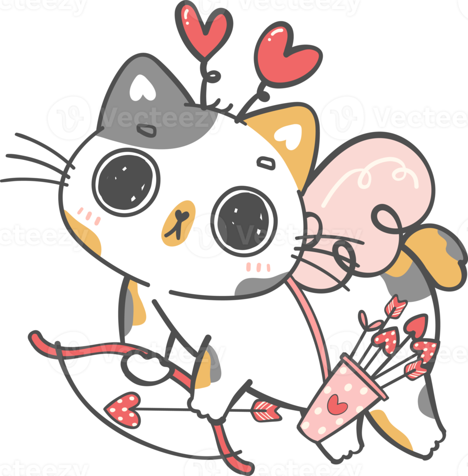 Cute Happy Valentine cupid love funny calico kitten cat cartoon doodle hand drawing png