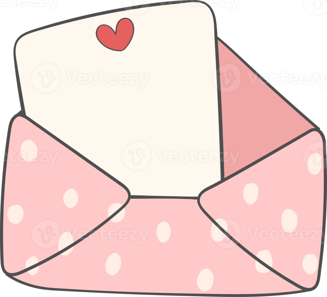 schattig zoet Valentijn liefde brief envelop met duidelijk papier tekening tekenfilm hand- tekening png