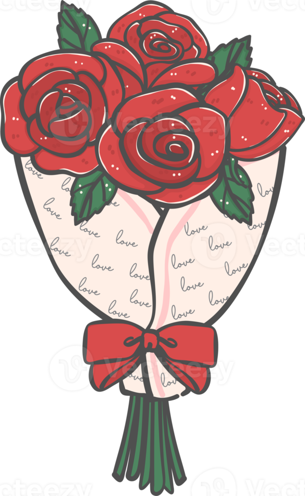 manojo de lindo romántico san valentín rosas rojas flores ramo dibujos animados garabato png