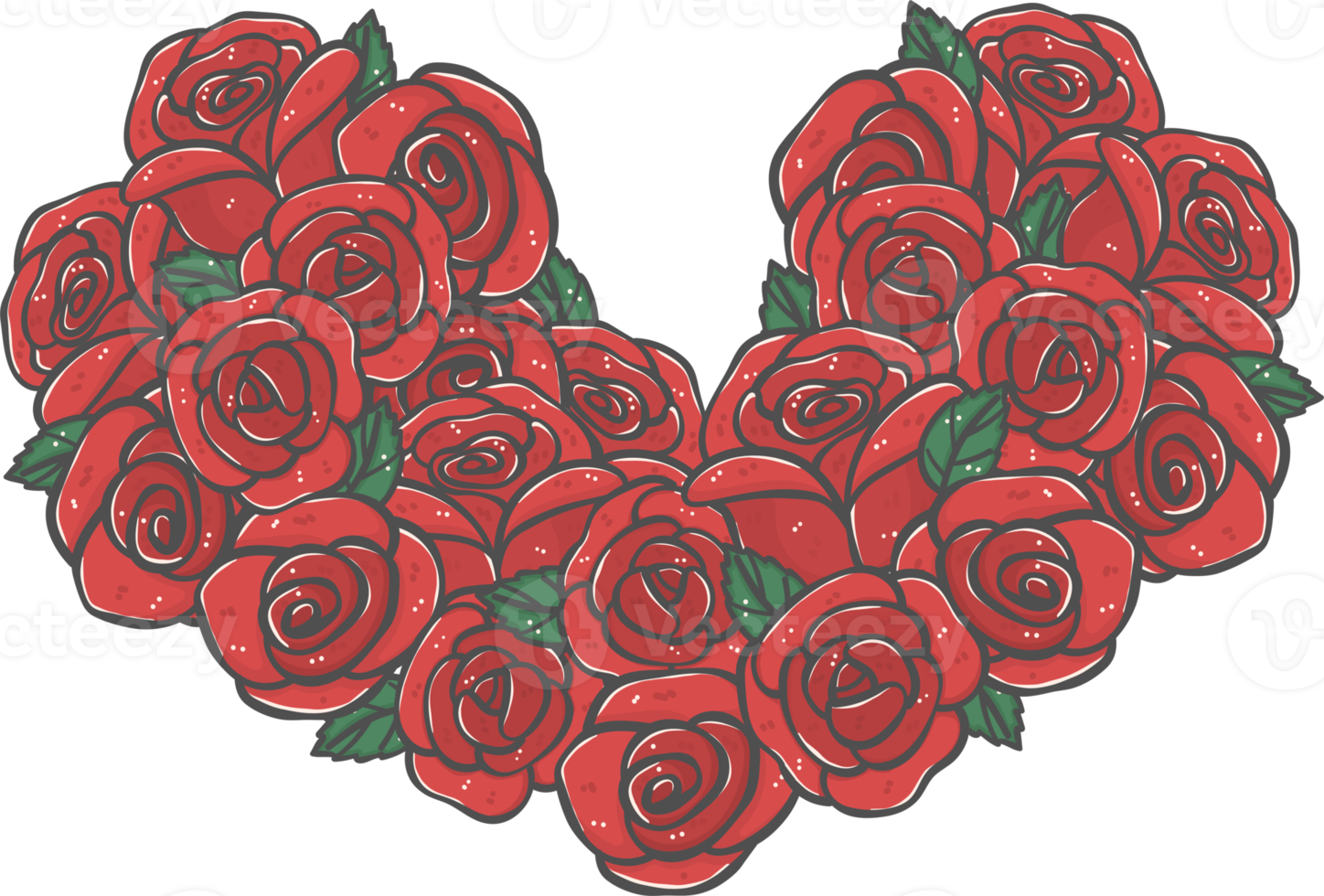 bunch of cute romantic Valentine red roses flowers bouquet in heart shape cartoon doodle png