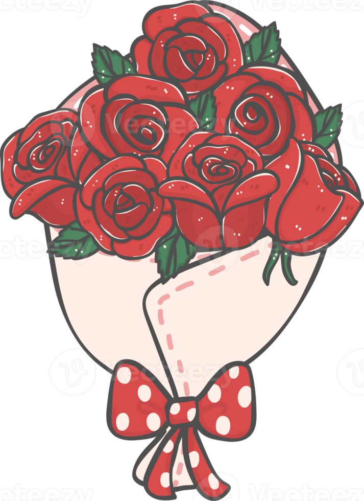Haufen süßer romantischer roter Rosen zum Valentinstag blüht Blumenstrauß-Cartoon-Doodle png