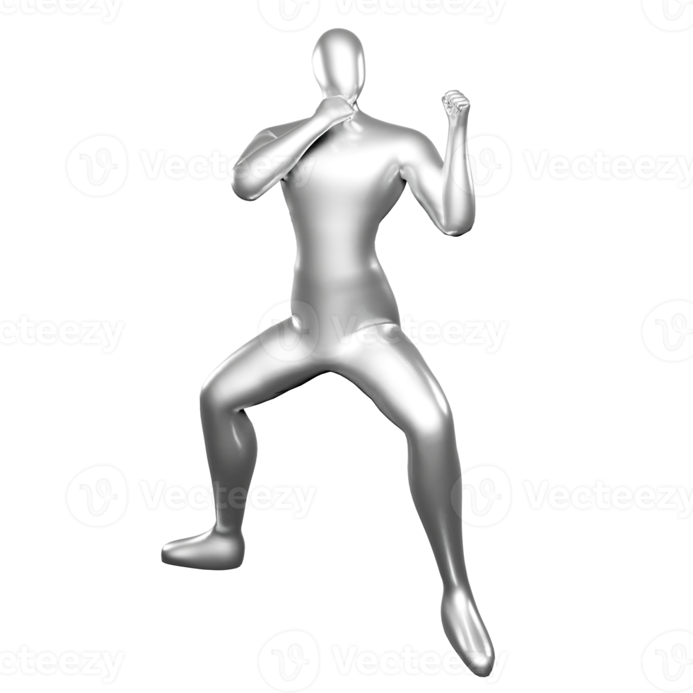 3d silver stickman doing karate stance moves png