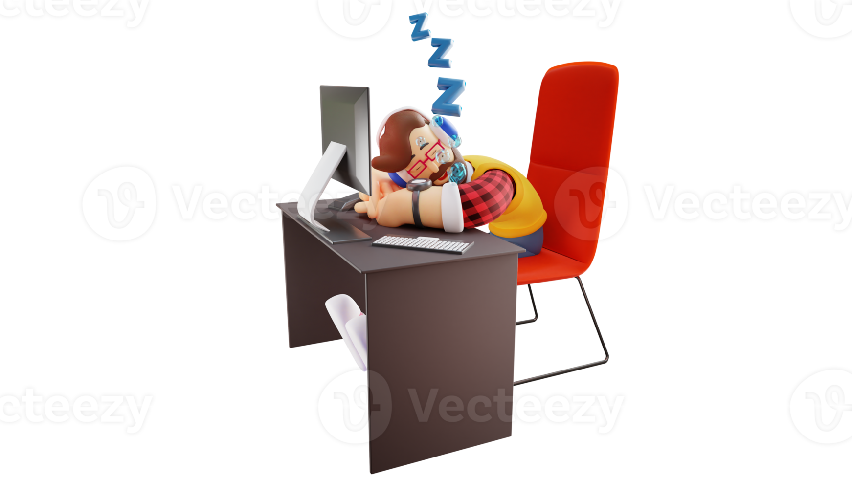 3D illustration. Diligent young boy 3D Cartoon Character. The young man was exhausted and fell asleep at the computer. He fell asleep in the red chair. 3D Cartoon Character png