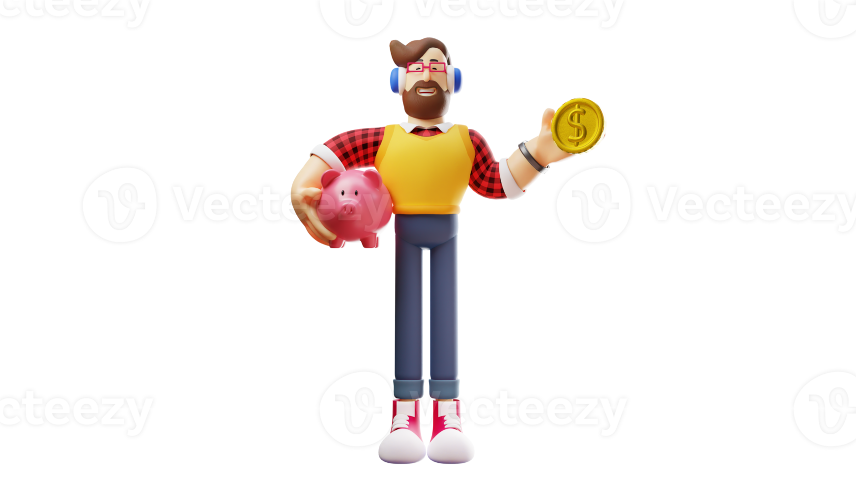 3D illustration. Diligent young man 3D Cartoon Character. The young man is diligent in saving with a piggy bank. The young man is diligent to show the coins he has saved. 3D Cartoon Character png