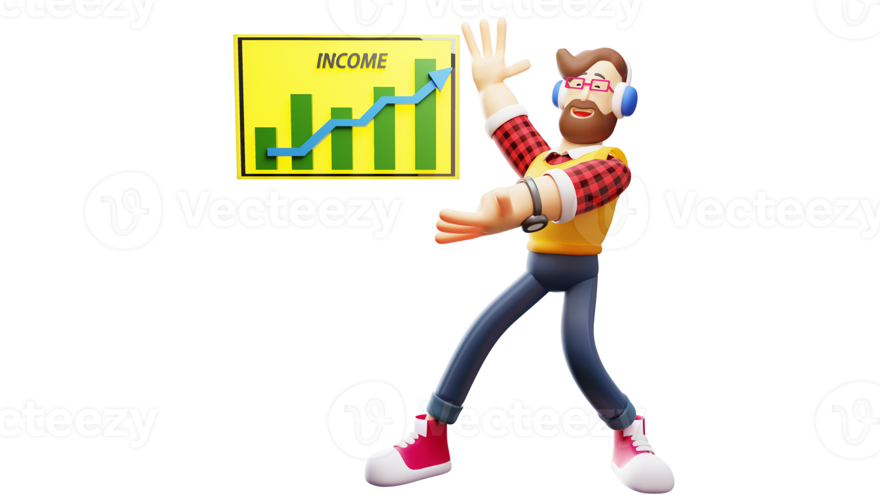 3D illustration. Successful Businessman 3D Cartoon Character. Successful businessman standing near board showing his earnings. Successful businessman explaining about income. 3D Cartoon Character png