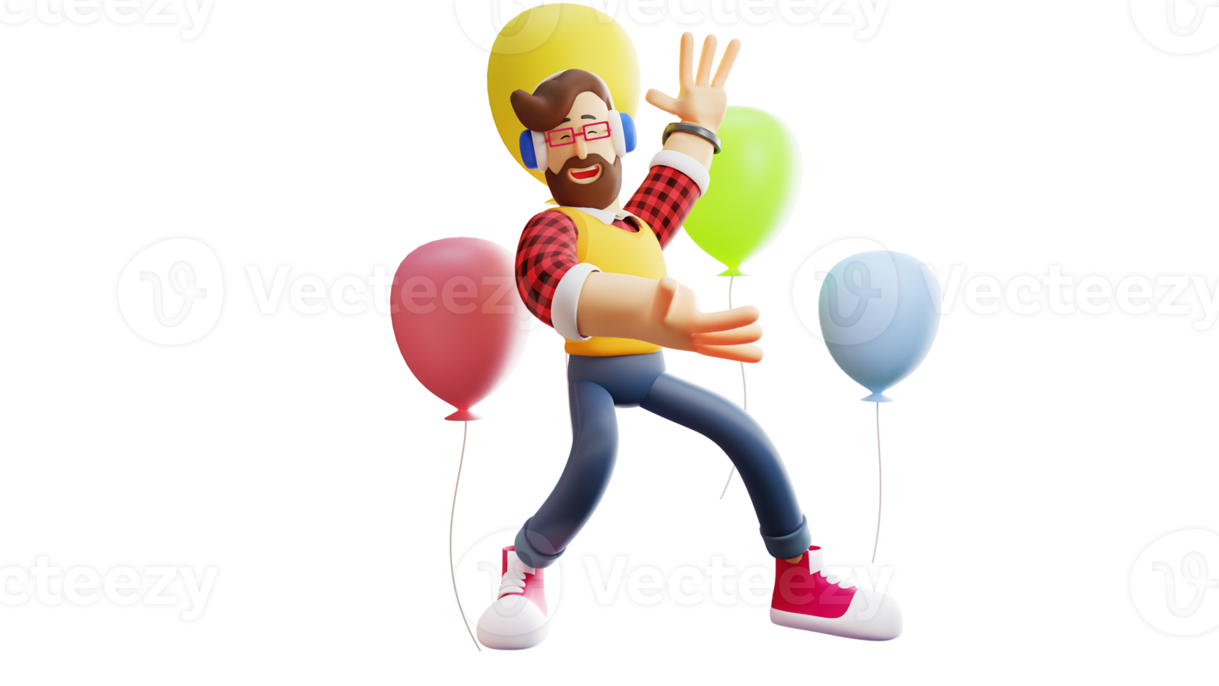 Illustration 3D. heureux jeune homme personnage de dessin animé 3d. élégant jeune homme danse. jeune homme souriant entouré de nombreux ballons colorés. personnage de dessin animé 3D png