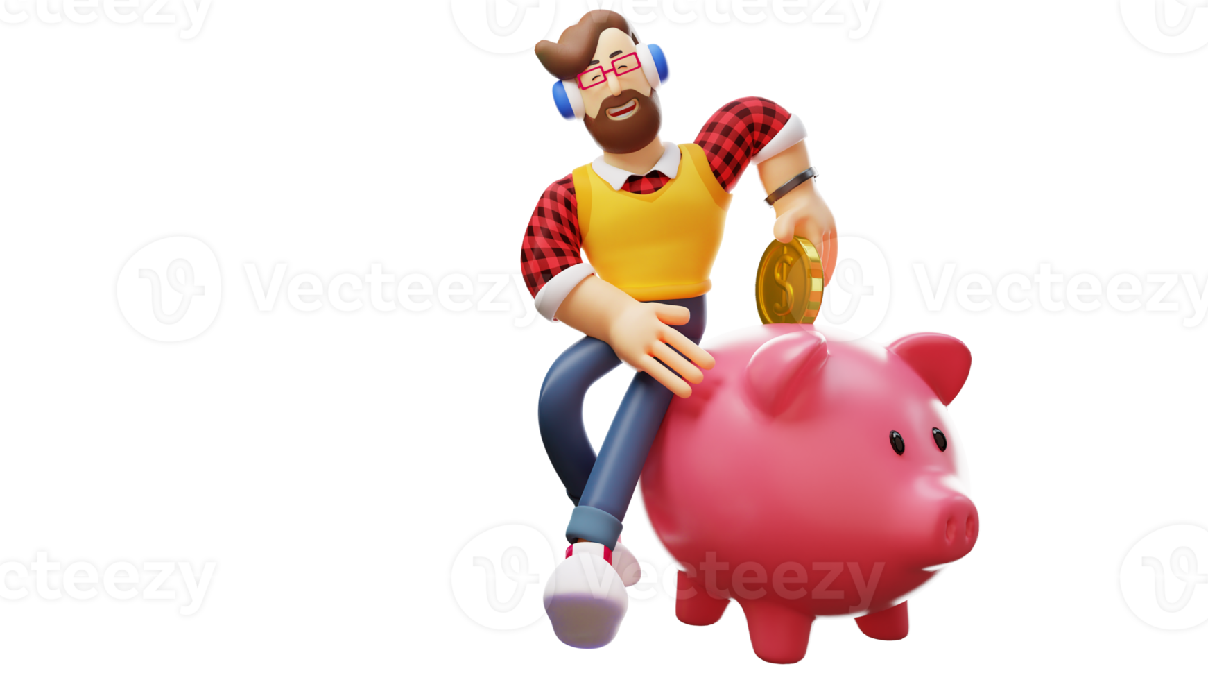 3D illustration. Diligent young man 3D Cartoon Character. The diligent young man sits on a large piggy bank. Diligent young man happily puts coins in his piggy bank. 3D Cartoon Character png