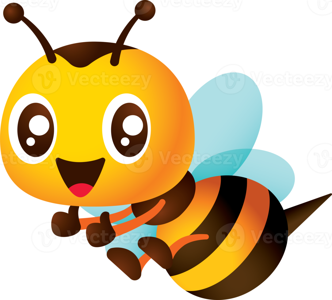 abeja linda de dibujos animados volando mostrando el pulgar hacia arriba de las manos. ilustración de mascota de personaje de abeja de miel feliz png