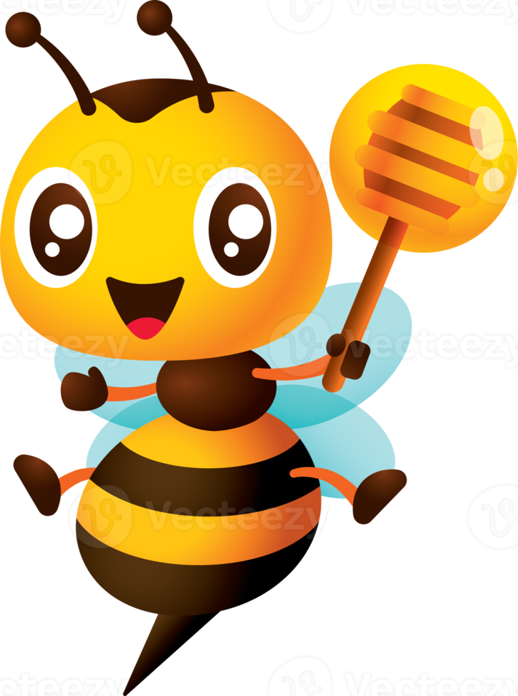 Cartoon cute smiling bee cartoon holding honey dipper with fresh honey on it. Bee character open legs wider with sharp bee stinger png