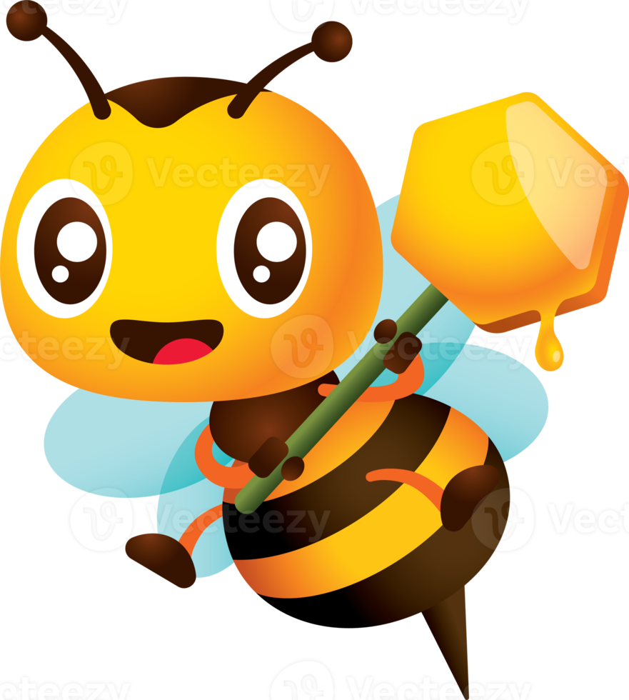 caricatura linda abeja guiñando el ojo con dos manos sosteniendo carteles en forma de peine de miel. miel goteando de la ilustración de panal de miel png