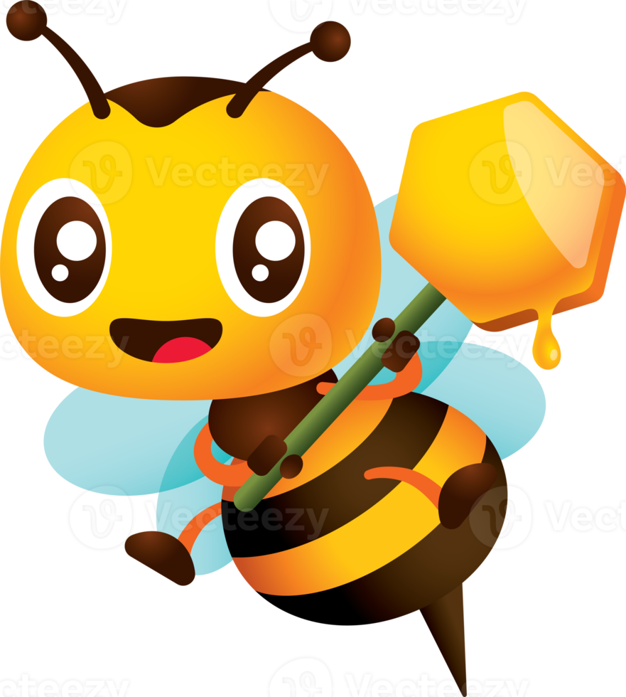 Cartoon cute winking eye bee with two hands holding honey comb shaped signage. Honey dripping from honey comb illustration png
