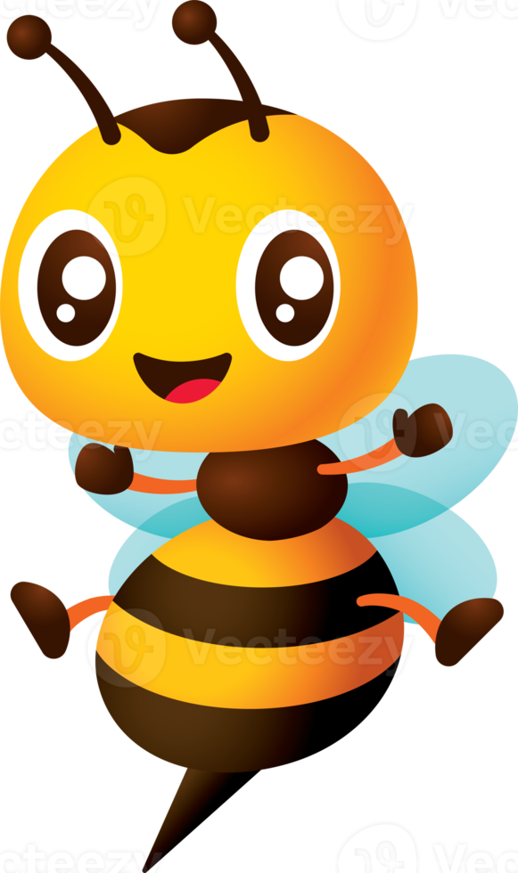 Cartoon cute bee character open arms and legs wider with smiling. Cute bee with long antenna and sharp stinger illustration png