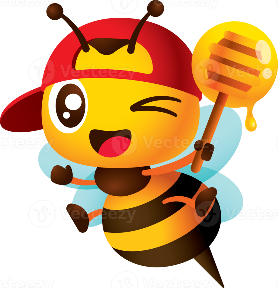 Cartoon cute bee wearing red snapback cap holding honey dipper with honey dripping character illustration png