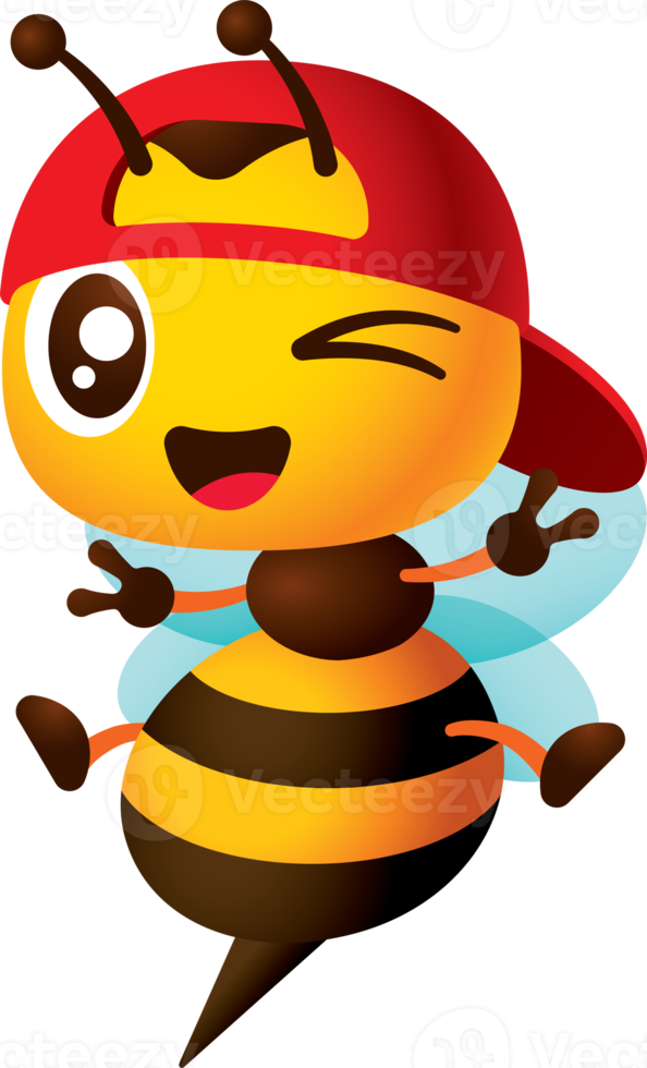 linda caricatura de abeja obrera con gorra de béisbol roja que muestra signos de paz o victoria. guiño de ojo de abeja con ilustración de mascota sonriente png