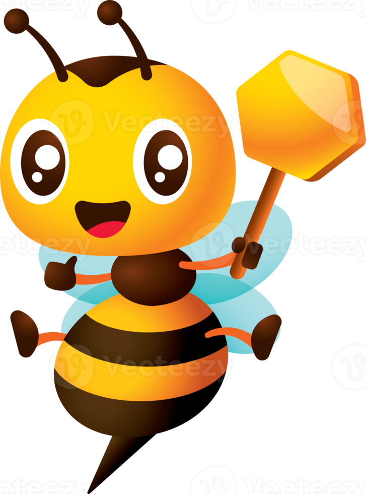 Cartoon cute smiling bee cartoon with big eyes holding empty honey comb sign. Bee character open legs wider png