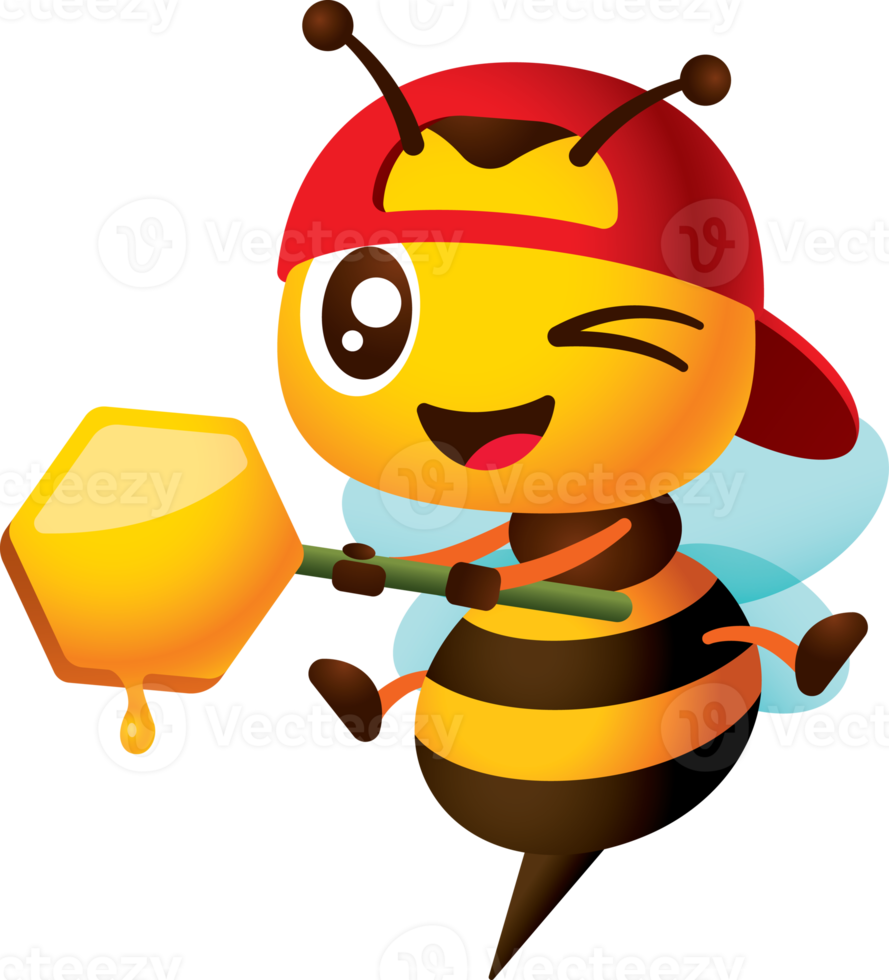 Cartoon cute winking eye bee wearing red snapback cap with hand holding honey comb shaped signage. Honey dripping from honey comb illustration png