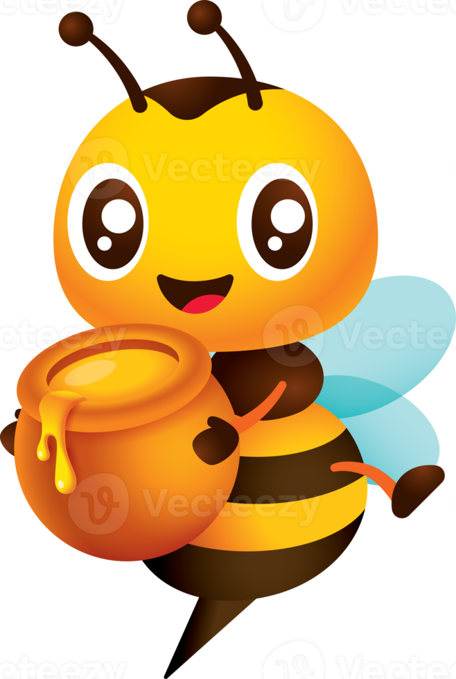 Cute bee carrying honey pot with fresh nature honey dripping out from pot cartoon character illustration png