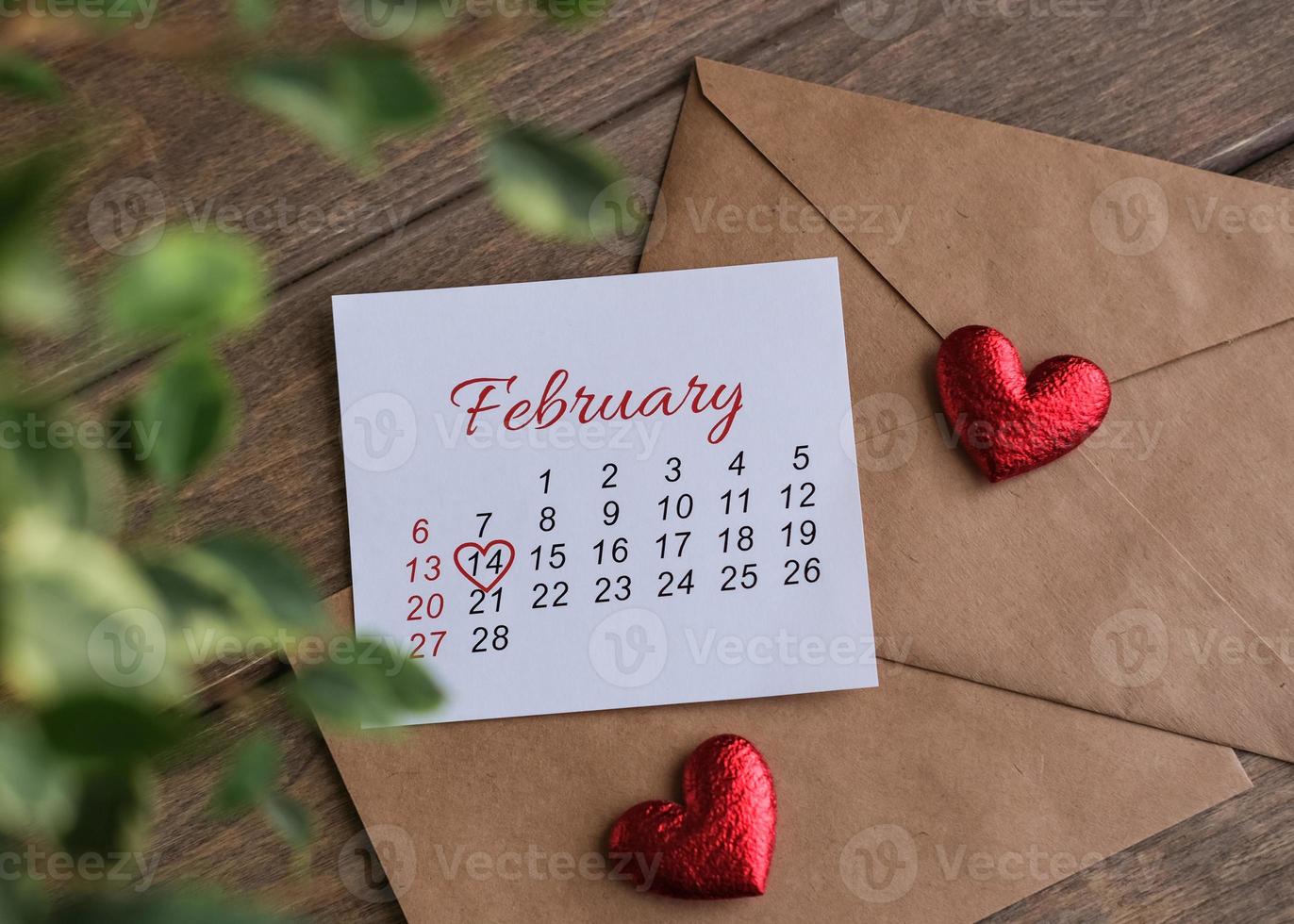 February calendar. Calendar flat lay. The 14th of February. Valentine's Day photo