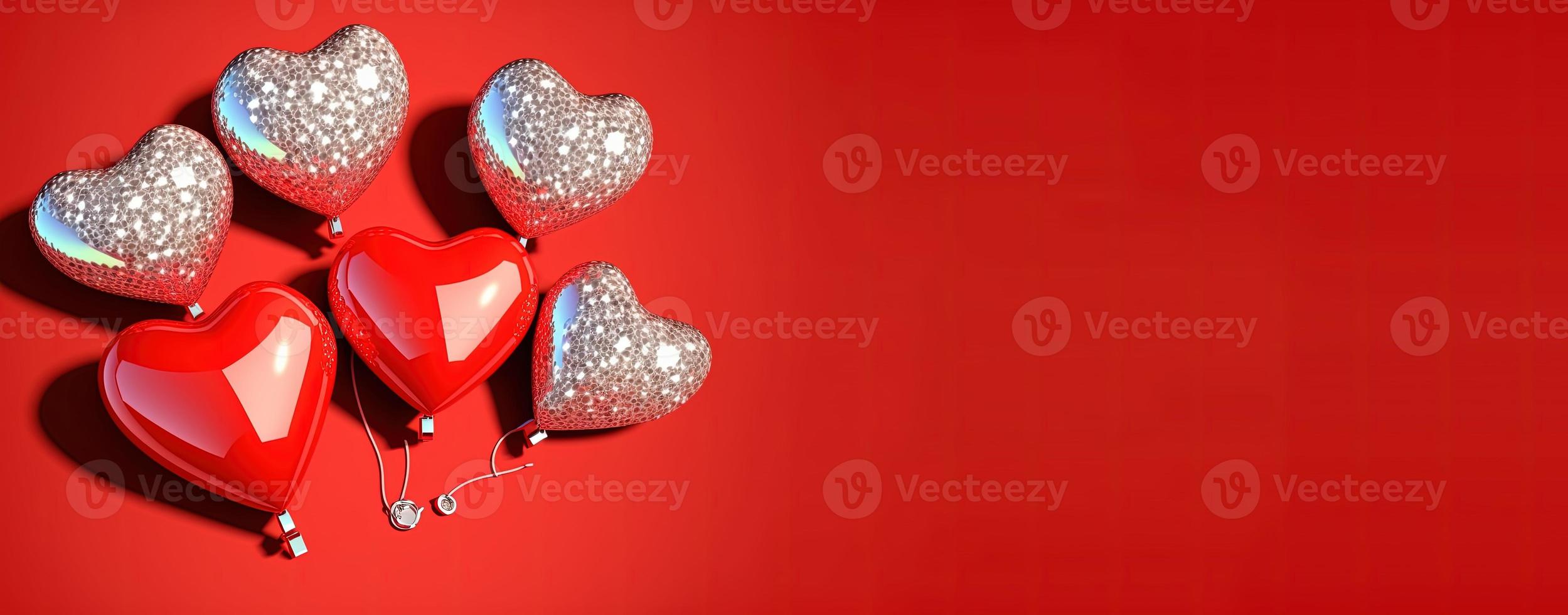 forma de corazón 3d rojo brillante en un fondo de banner de feliz día de san valentín foto