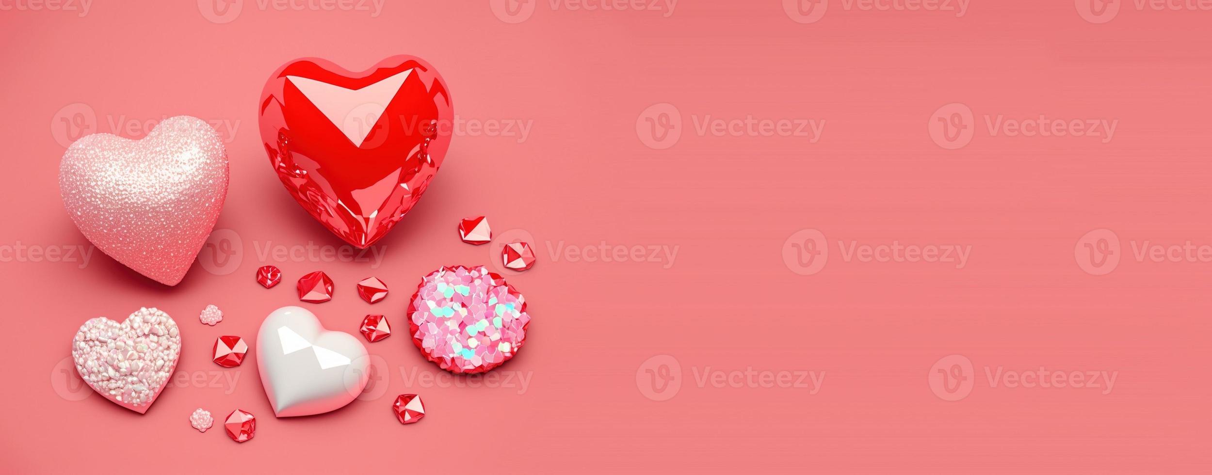 Valentine's Day Banner Background. Sparkling 3D Heart Shape with Diamond and Crystal Illustration photo