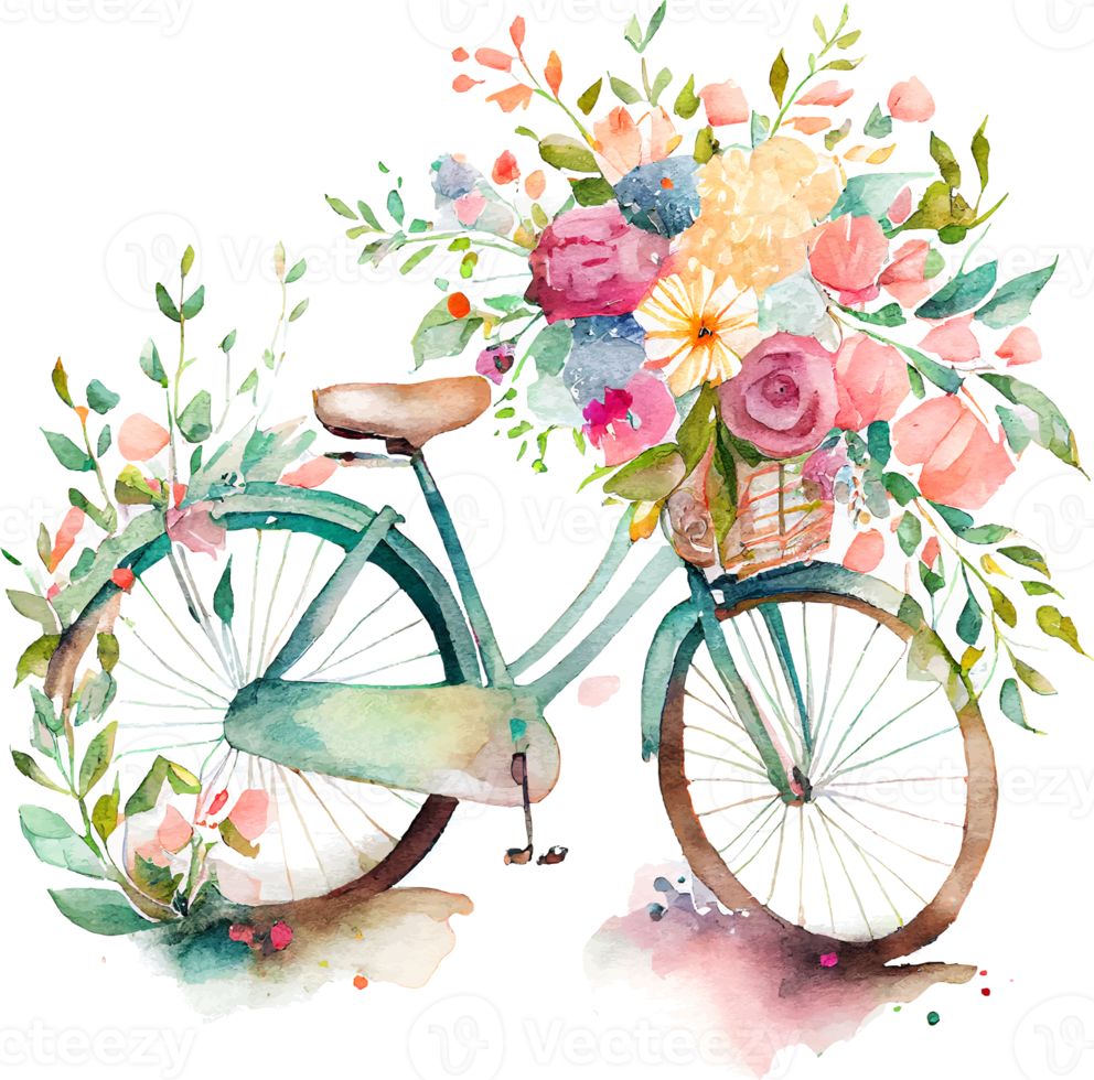 linda bicicleta de acuarela de primavera con flores png