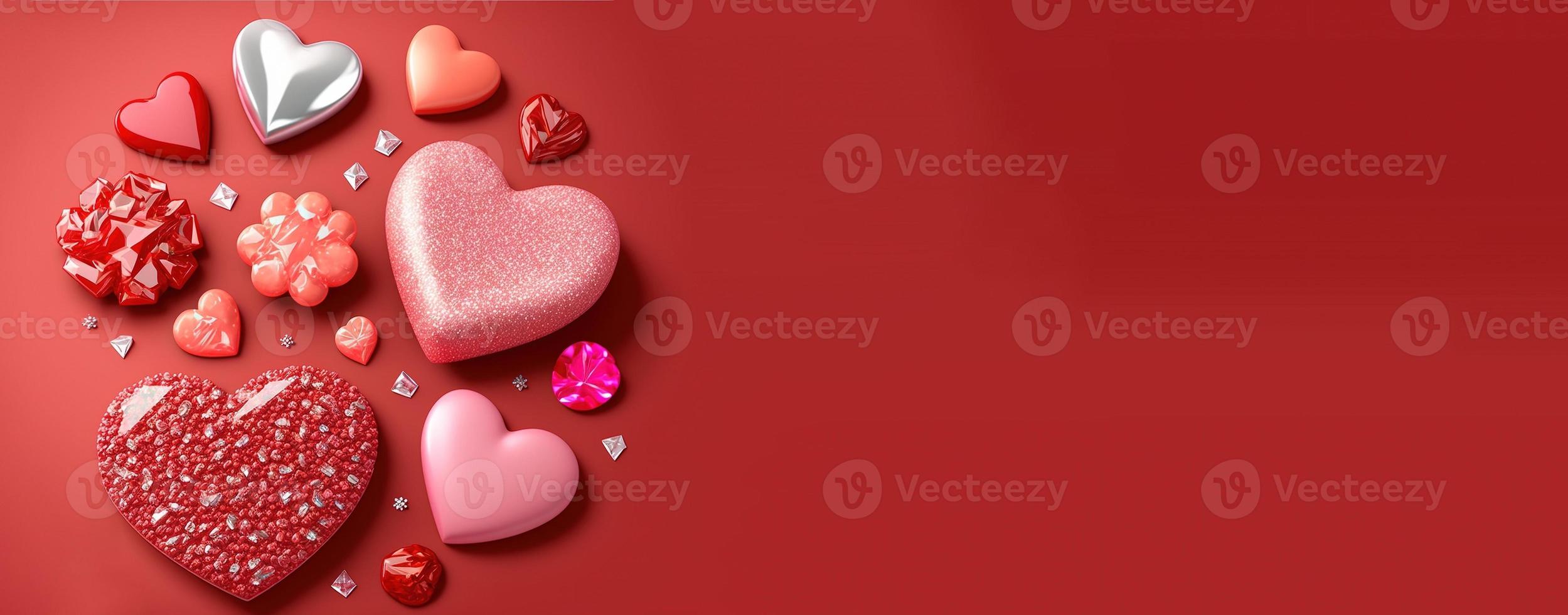 fondo de la bandera del día de san valentín. forma de corazón 3d brillante con ilustración de diamante y cristal foto