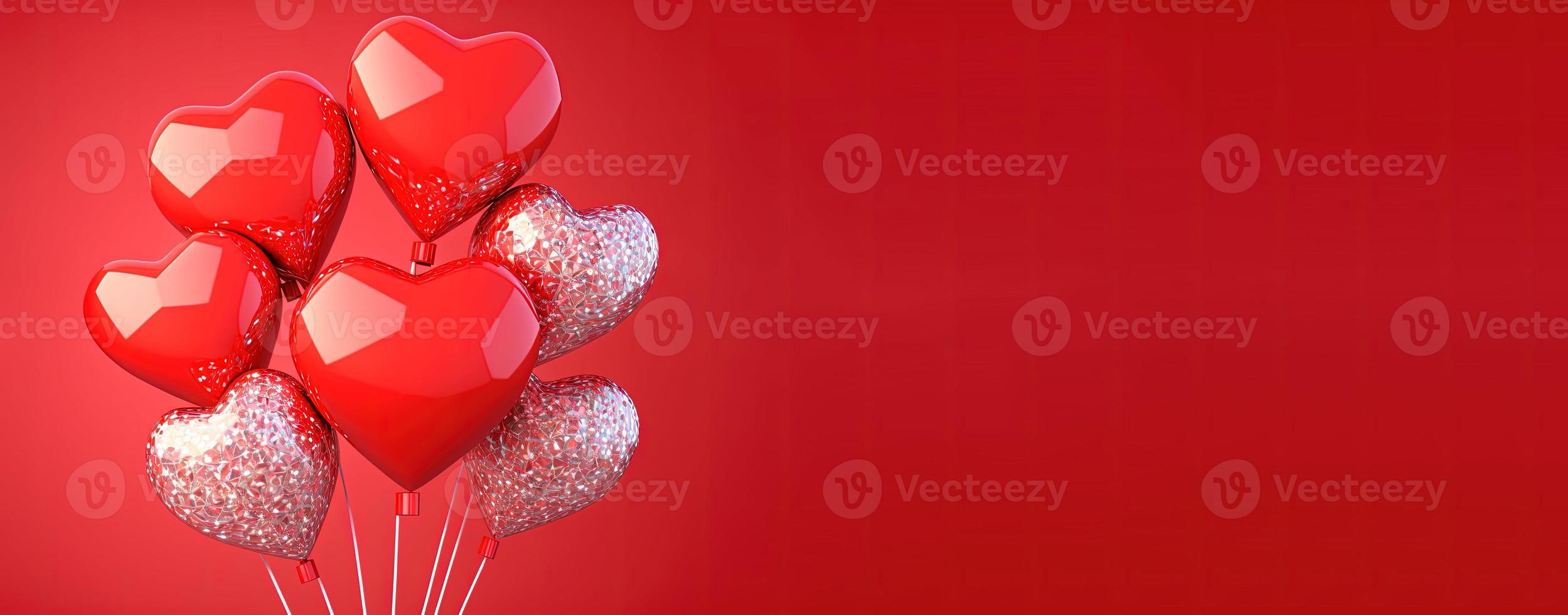 Happy valentines day banner background with shiny red 3d heart shape photo