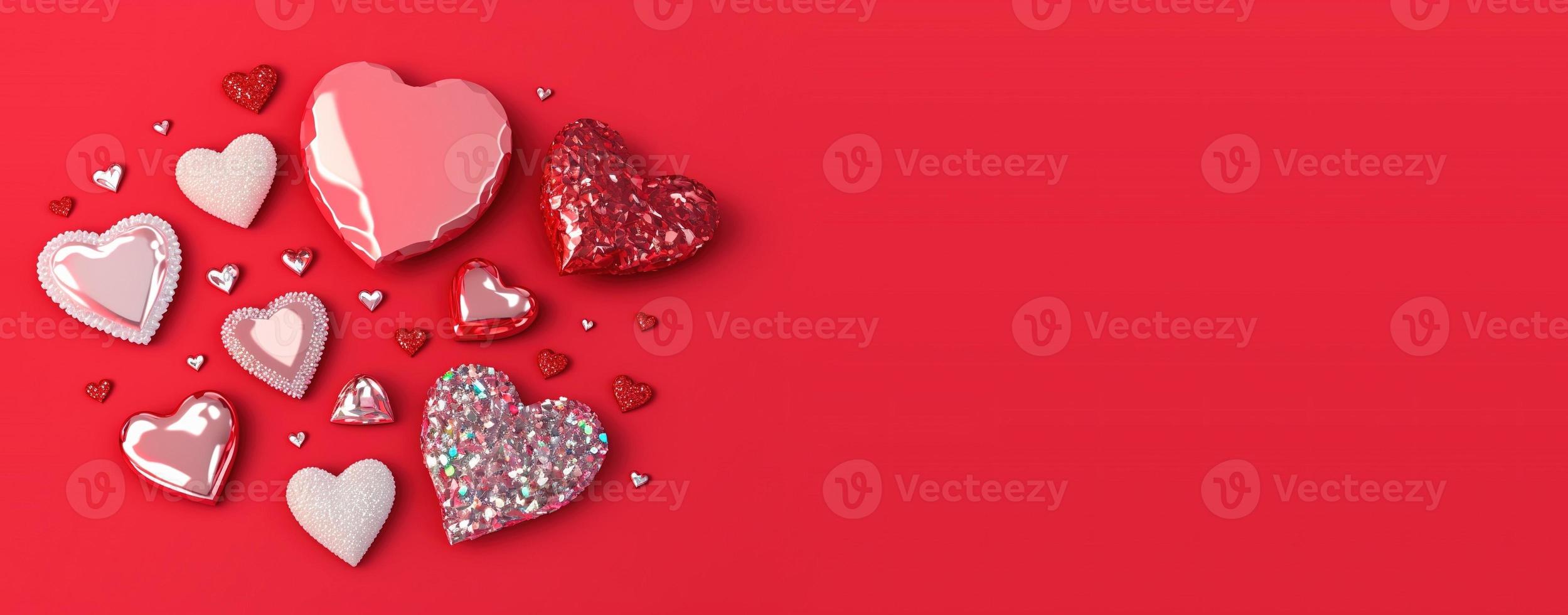 banner de ilustración de corazón 3d y diamante de cristal de san valentín foto