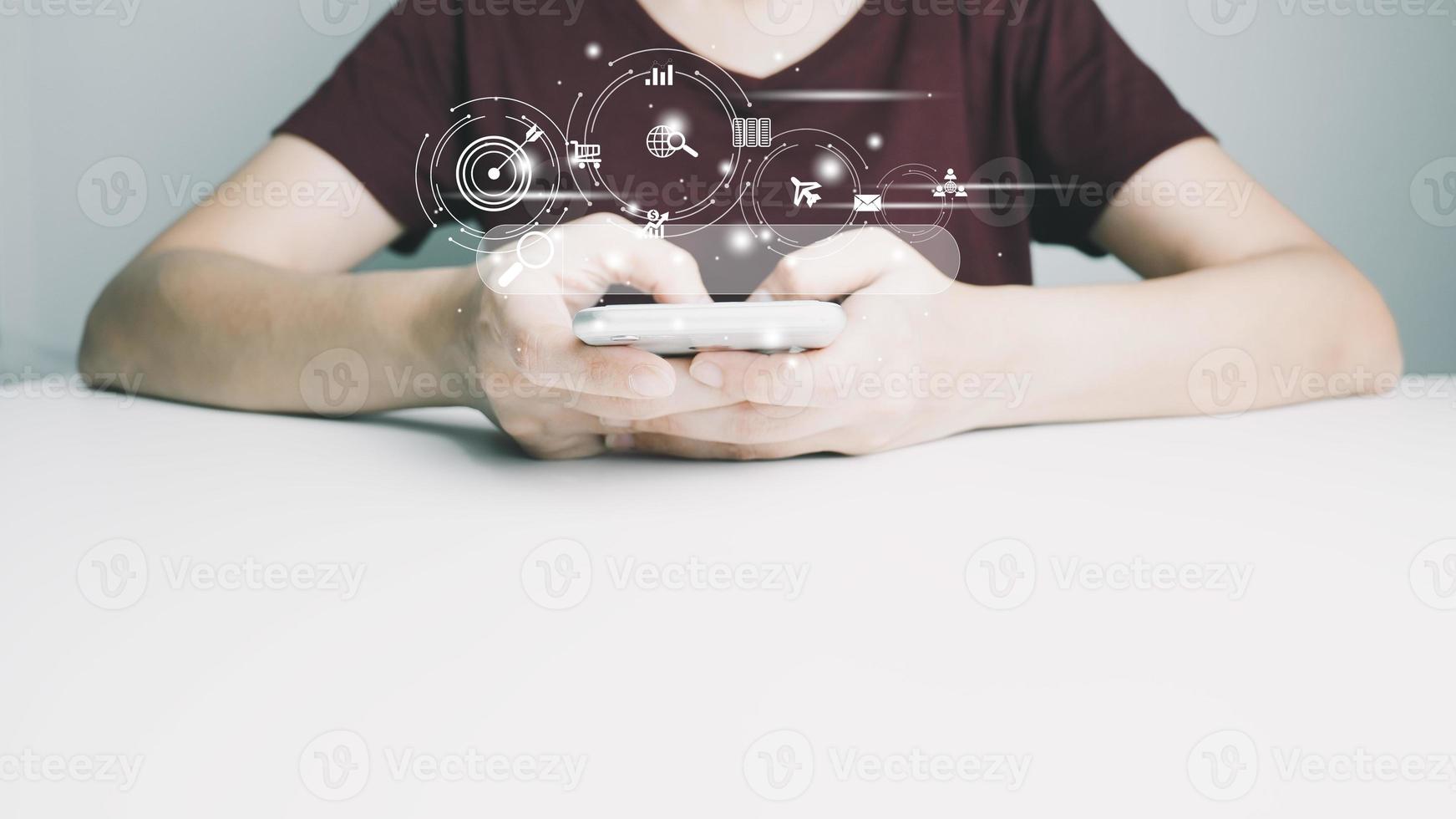 Search Engine optimization SEO concept, Businesswoman is using smartphone to search for information on Internet, Using the search bar, Wireless Network, big data and accessing website information. photo