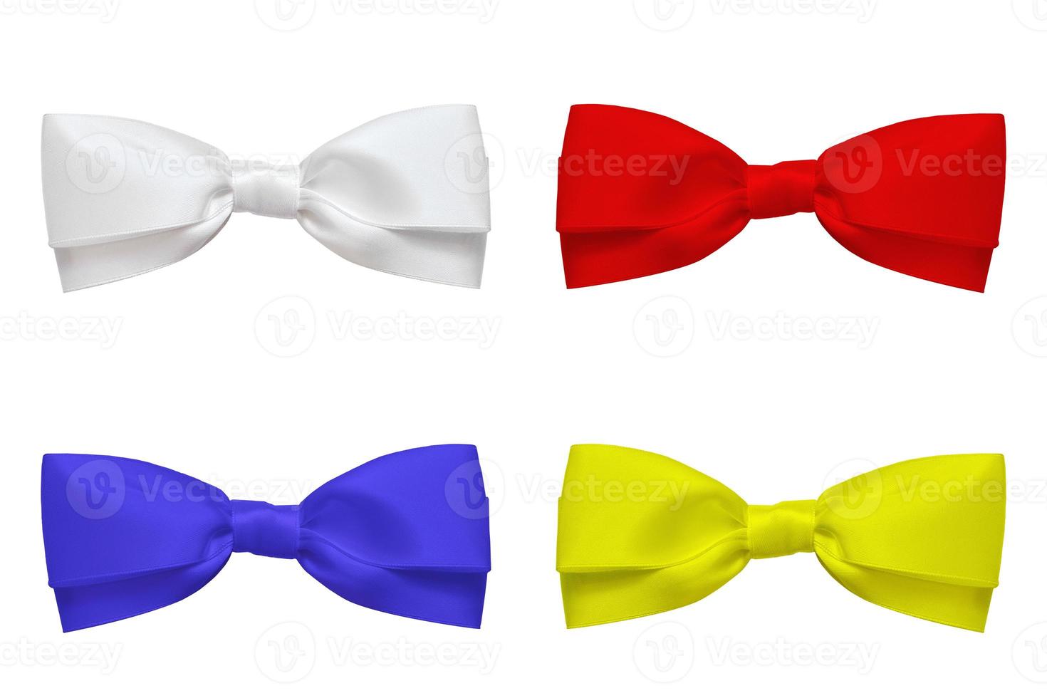 four satin bows white, blue, red, yellow on a white background photo