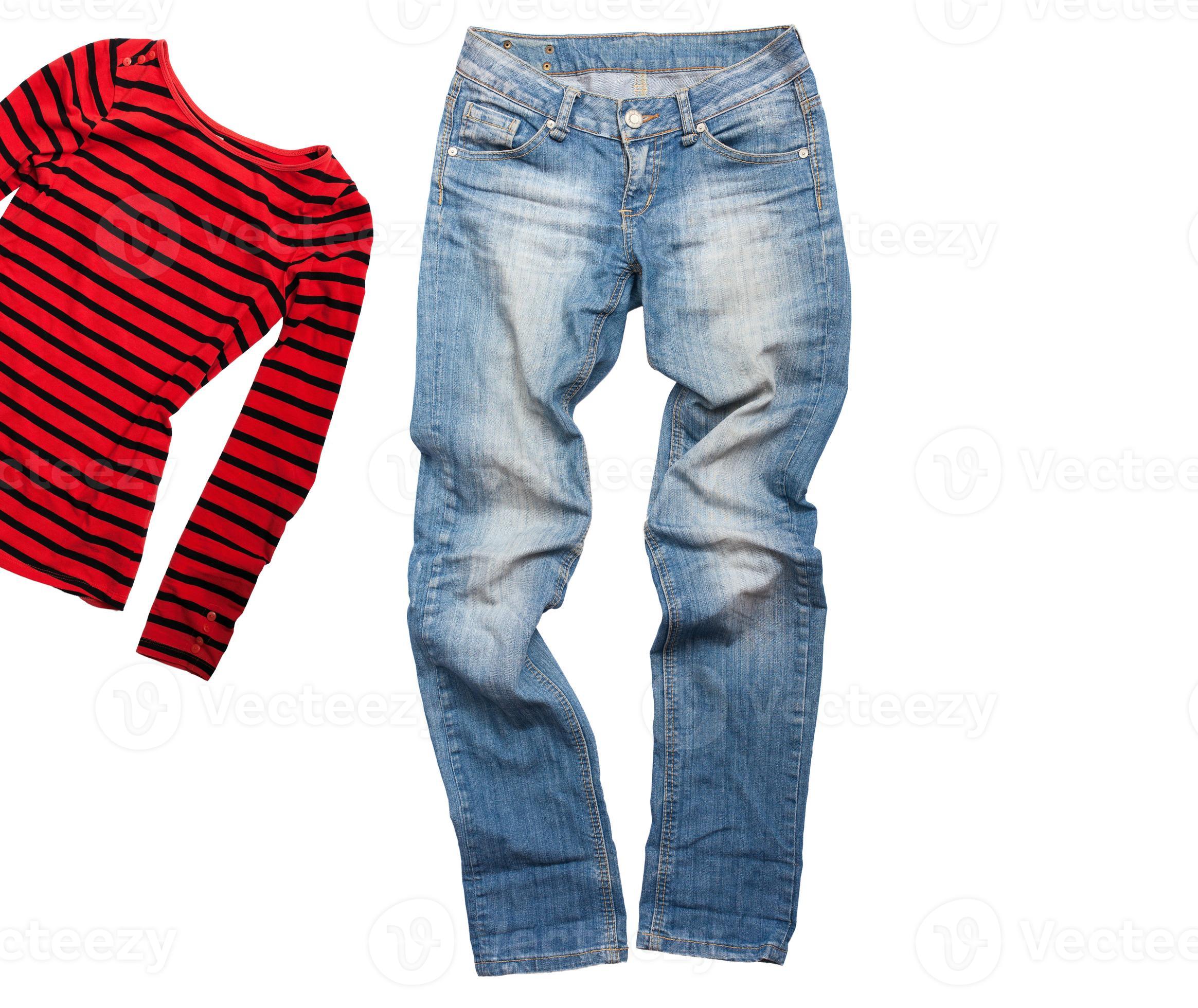 denim jeans and red shirt isolated over white background, denim pants
