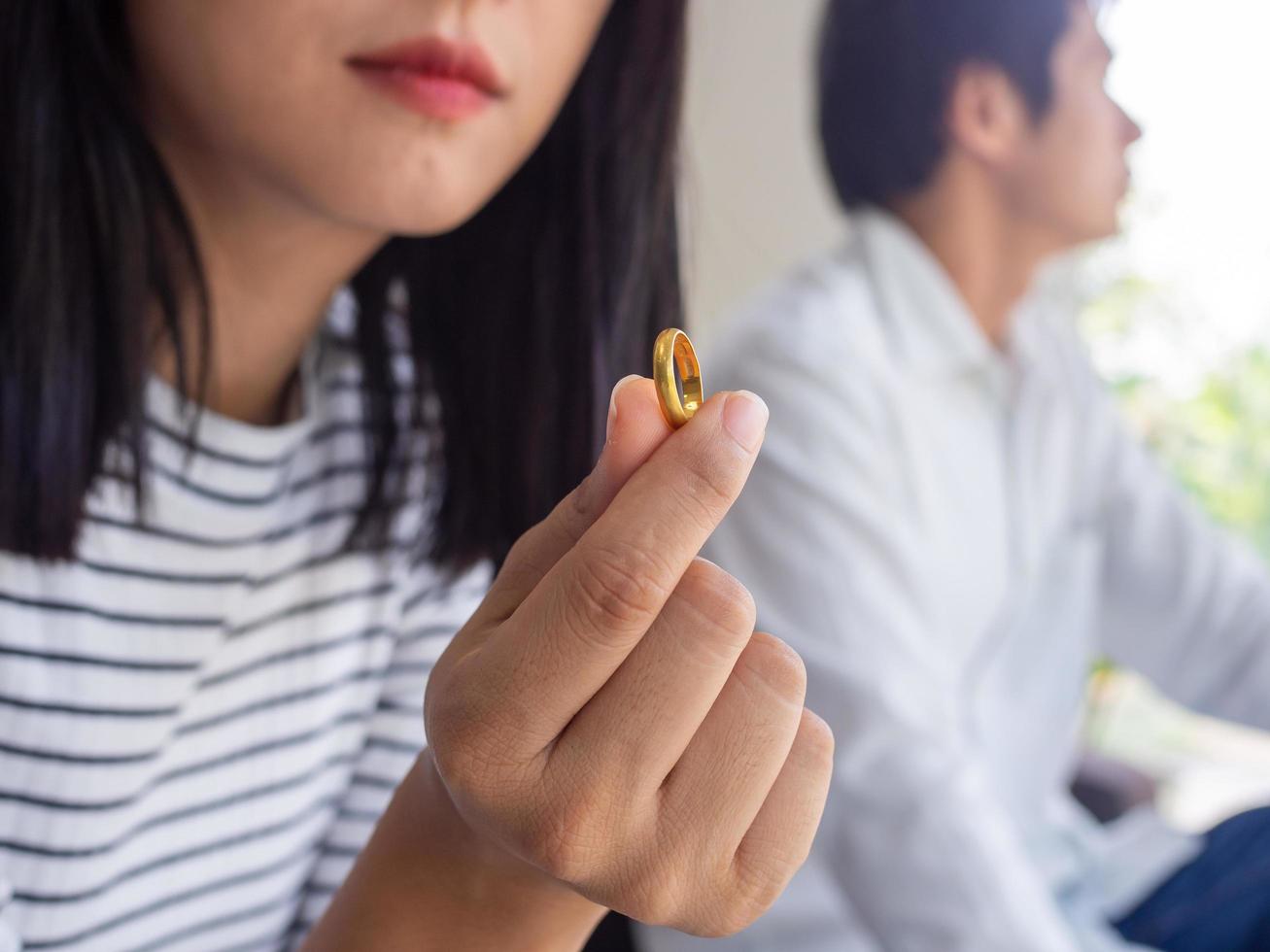 Asian women mourn and become irritated by their husband's behavior. After an argument and causing pain in the heart. Angry and not understanding each other, resulting to divorce photo