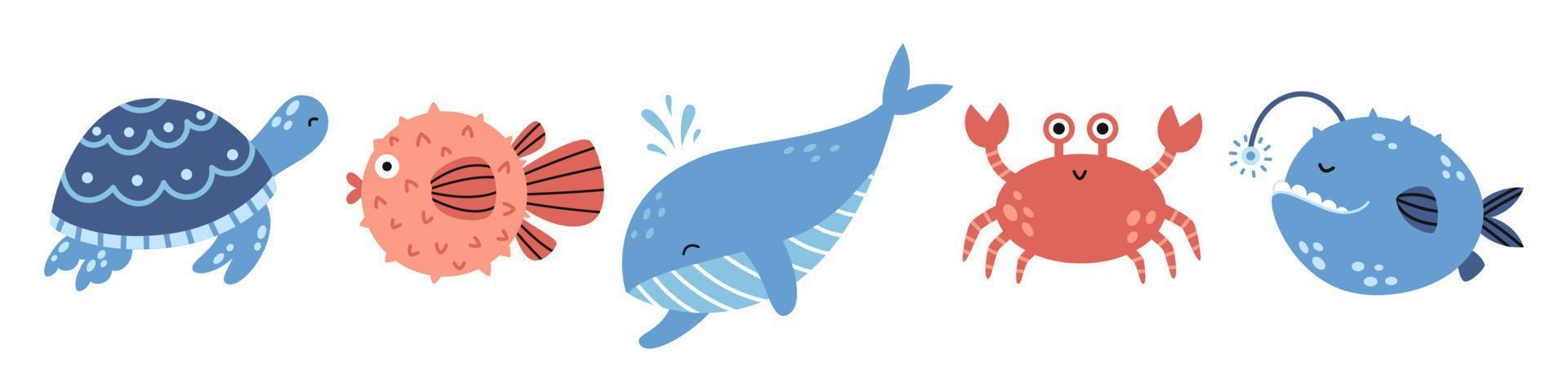 conjunto marino vectorial con animales marinos. ballena, cangrejo de mar, tortuga, pez globo y rape. vida marina. vector