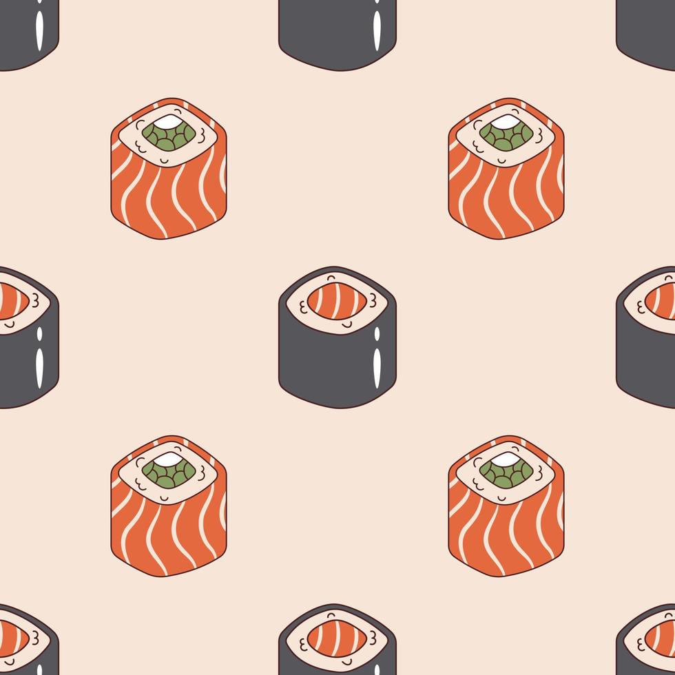 Vector seamless pattern with philadelphia sushi roll and maki sushi in retro style. Background with sushi rolls 70s. Groovy asian food.