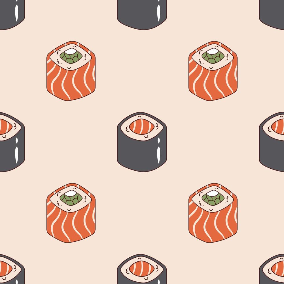 patrón vectorial sin costuras con rollo de sushi filadelfia y maki sushi en estilo retro. fondo con rollos de sushi de los años 70. maravillosa comida asiática. vector