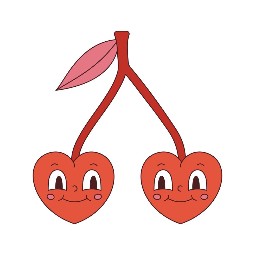 Vector funny couple of cherries in form of hearts in retro style. Y2k smiling red cherries sticker. Happy Valentines day. Love illustration in flat design. Two 70s happy berries in shape of hearts.