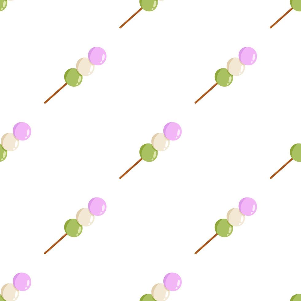 Vector seamless pattern with pink, white and green dango. White background with japanese traditional dessert with 3 different colors. Hanami Dango. Asian food.