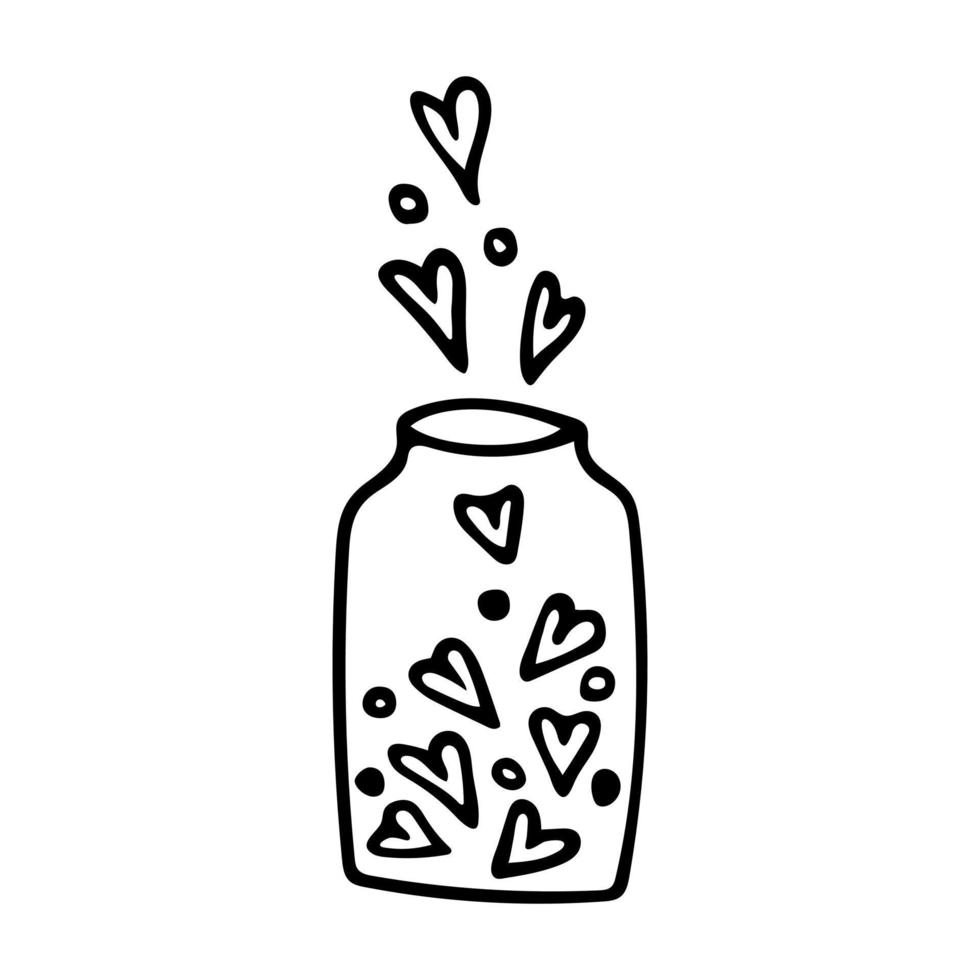 Hand drawn doodle jar with hearts. Vector love clipart. Valentine's day outline.