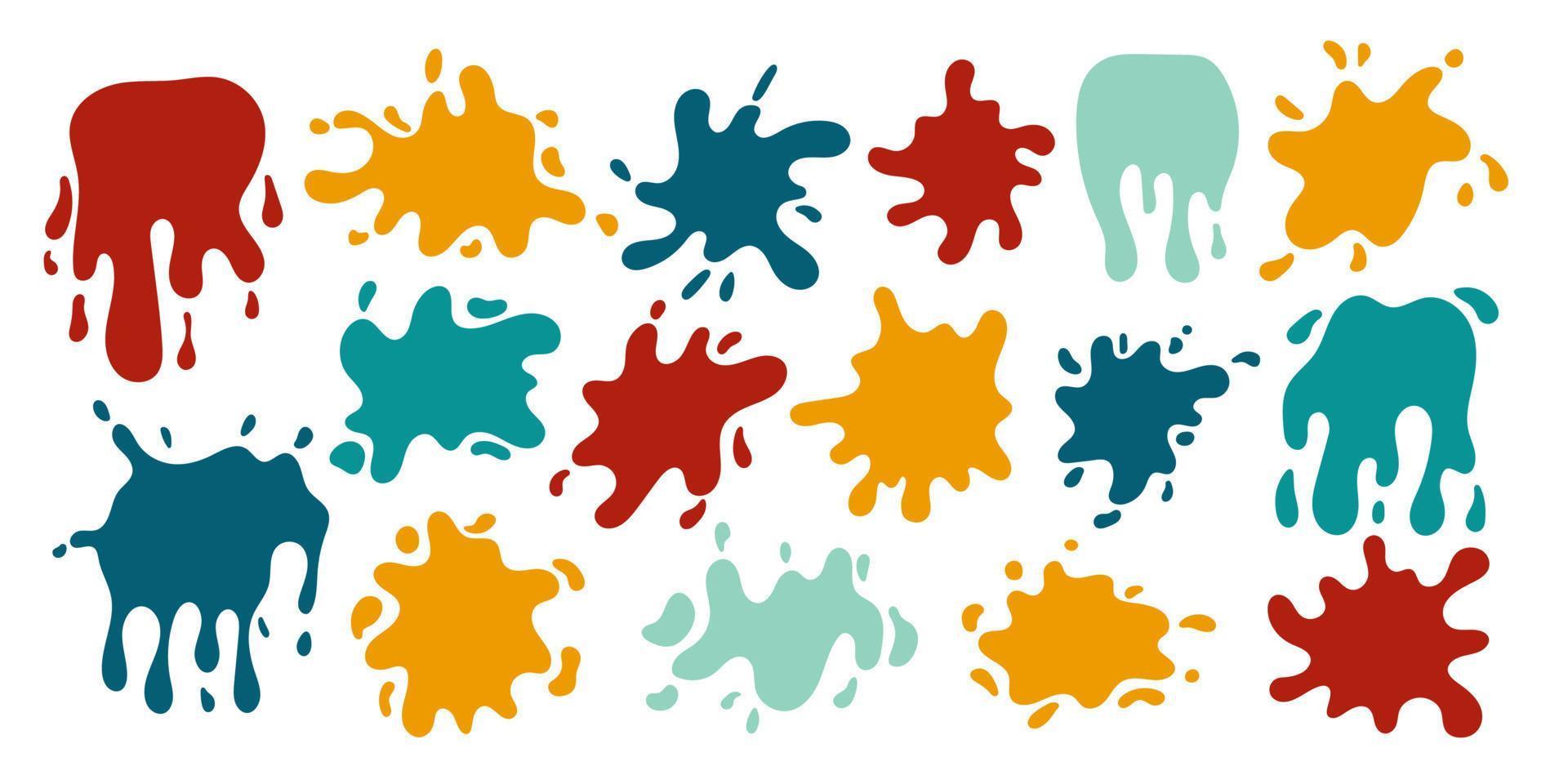 Vector paint splashes set. Colorful paint splatter collection. Abstract splashes, liquids and drops.