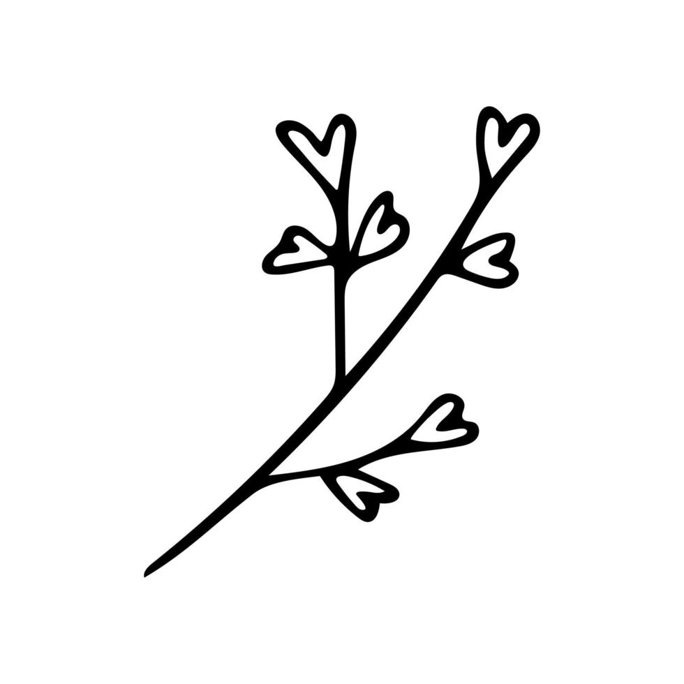 Hand drawn doodle leaf branch with hearts. Vector love clipart with cute twig. Outline.