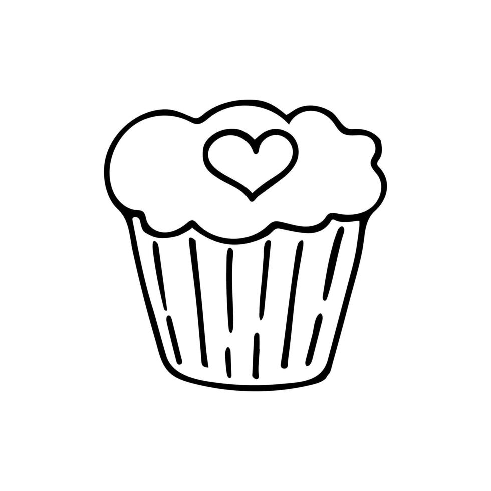 Hand drawn doodle cupcake with heart. Vector cute love clipart. Outline.