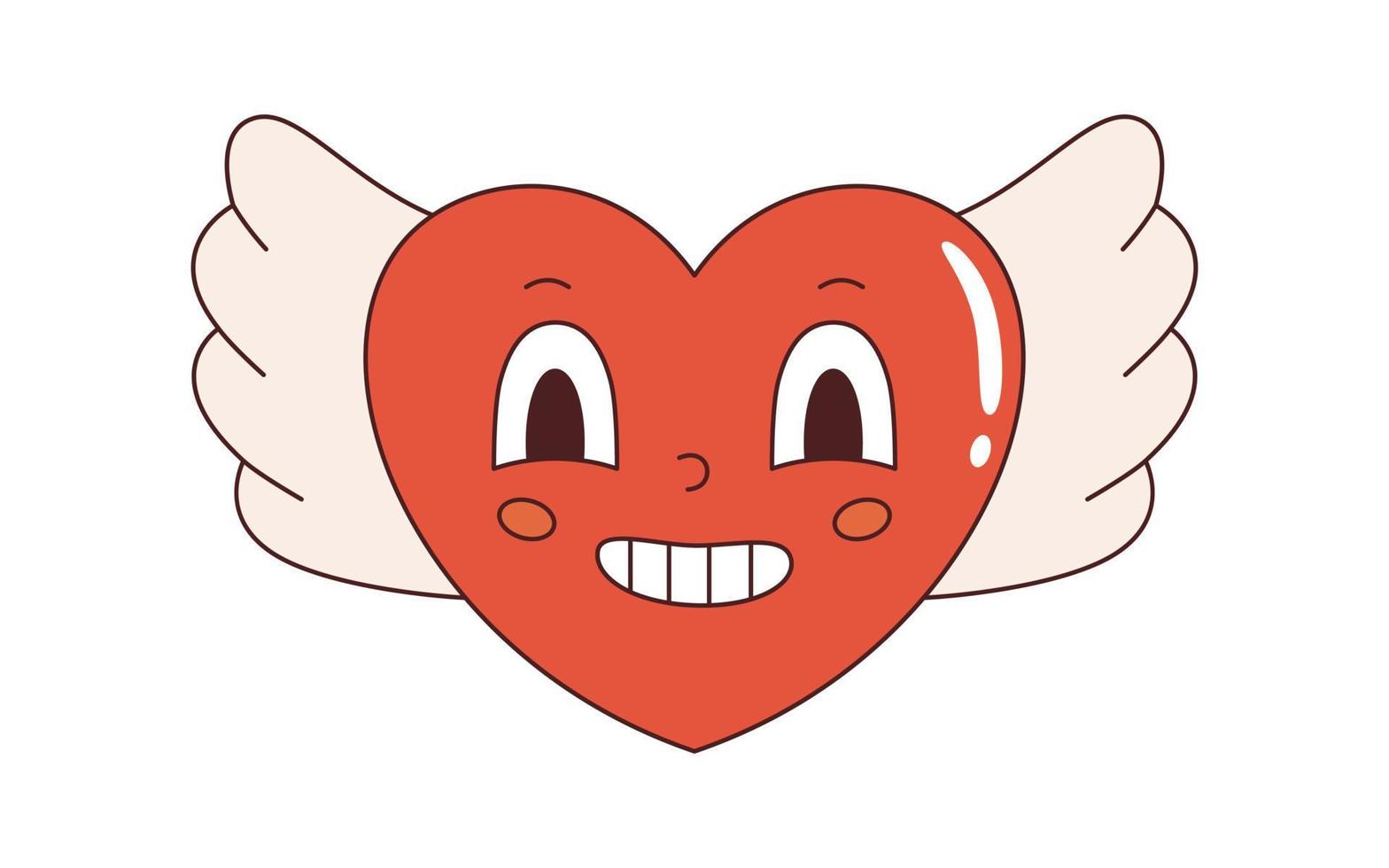 Vector y2k happy heart shaped character with wings in retro style. Happy Valentines day. Love and romantic. Funny vintage flying heart in flat design.