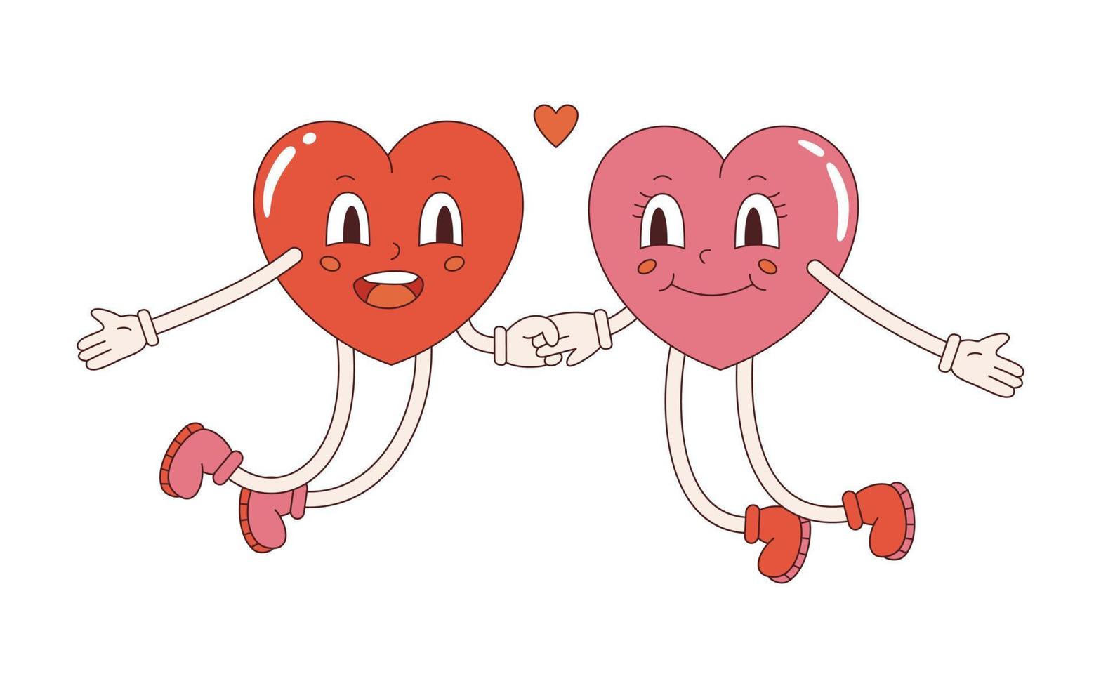 Vector hearts couple in retro style. Y2k pink and red hearts sticker. Happy Valentines day. Love illustration in flat design. Two 70s happy jumping hearts.