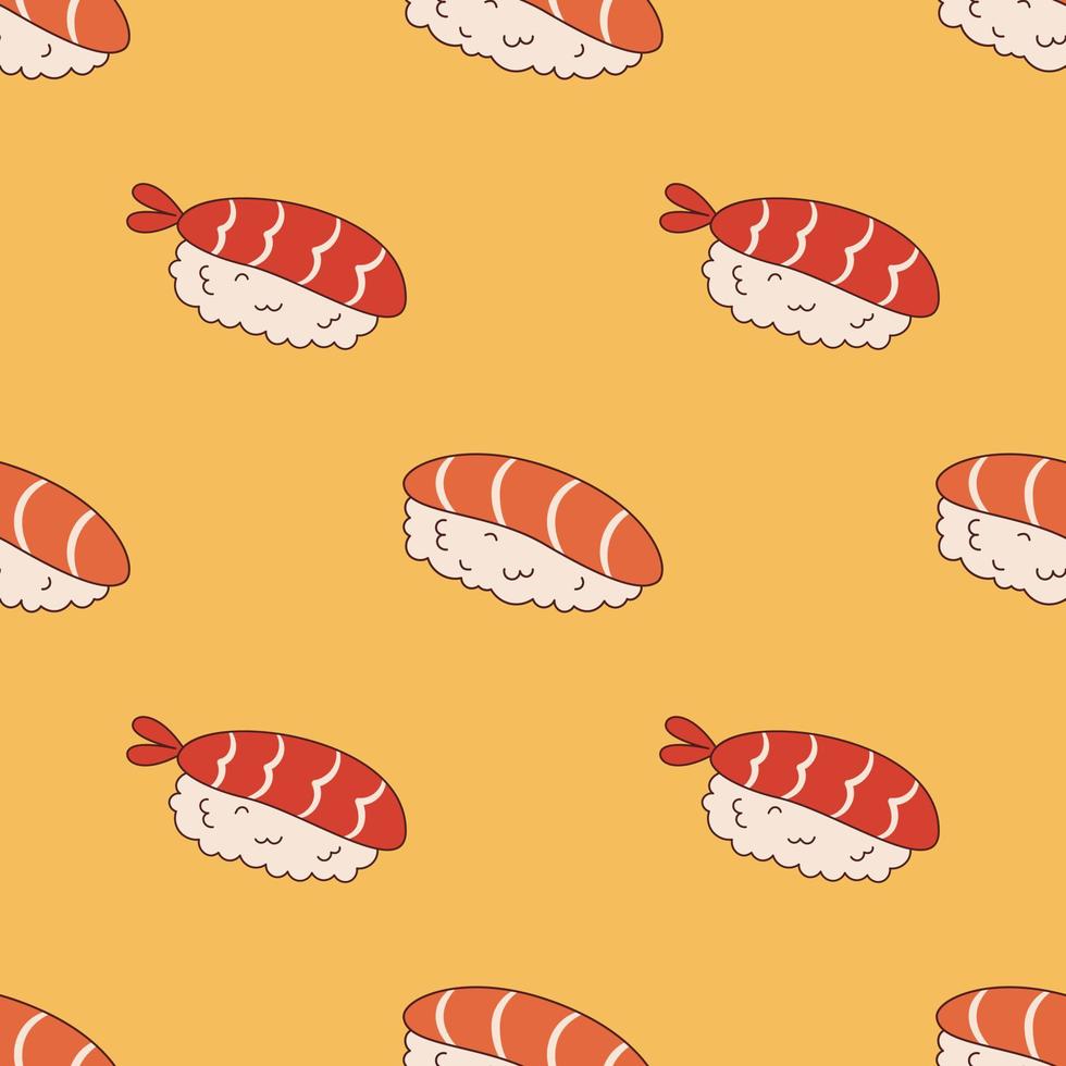 Vector seamless pattern with ebi nigiri and sake sushi in retro style. Sushi on yellow background 70s. Groovy asian food.