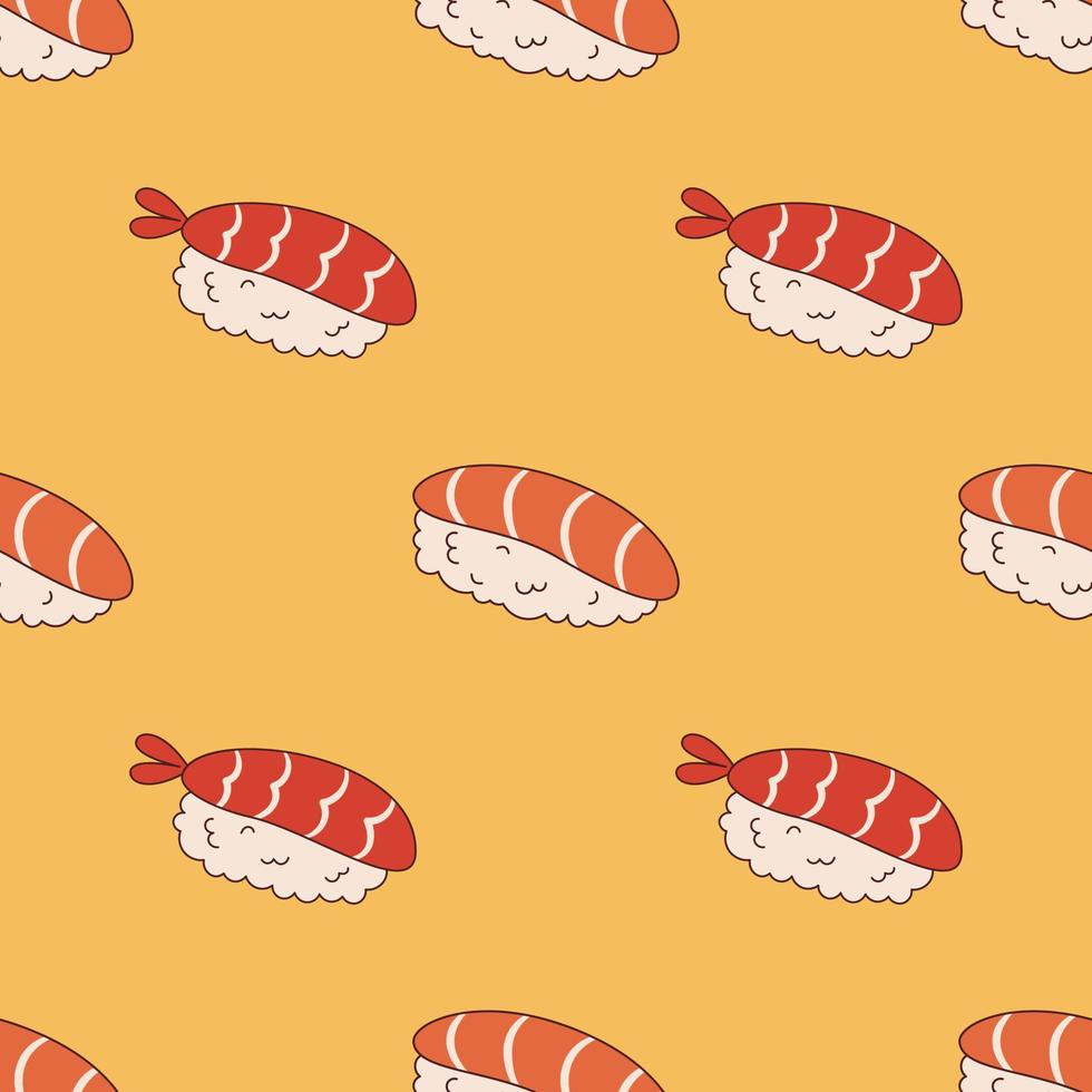 Vector seamless pattern with ebi nigiri and sake sushi in retro style. Sushi on yellow background 70s. Groovy asian food.