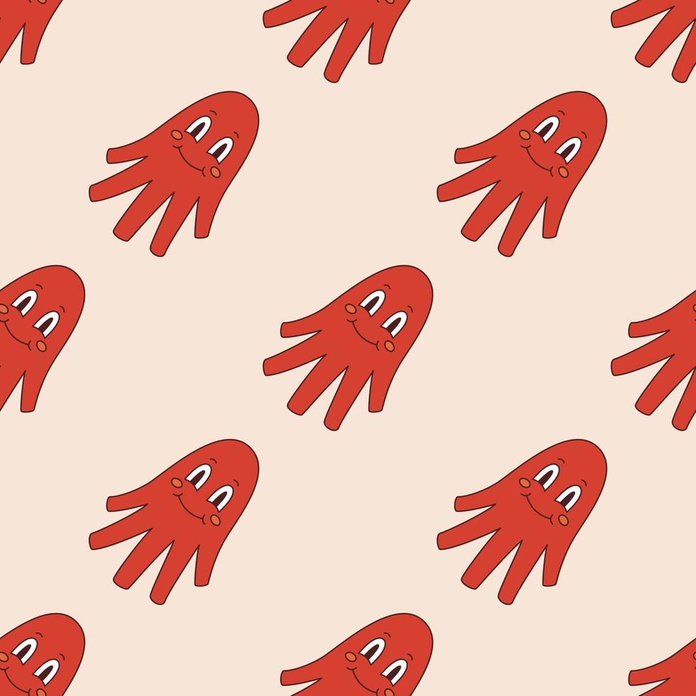 Vector seamless pattern with sausage octopus in retro style. Background with octopus mascot 70s. Groovy asian food.