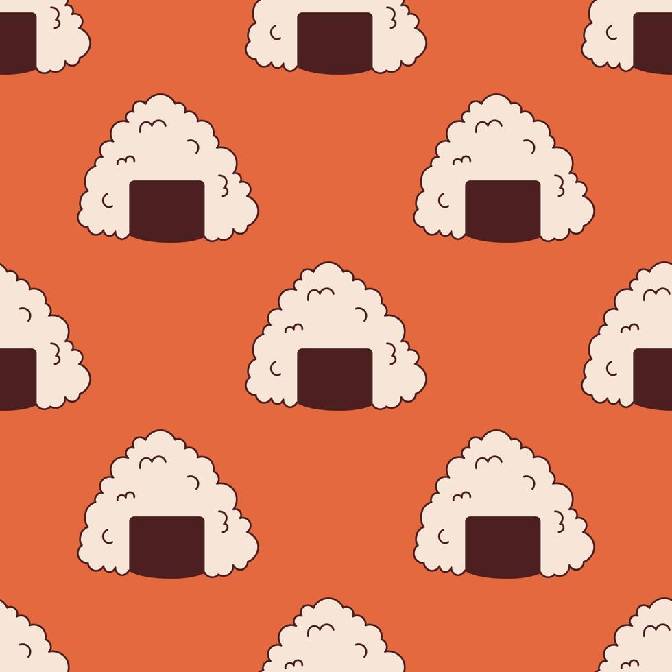 Vector seamless pattern with onigiri in retro style. Rice balls on red background 70s. Groovy asian food.