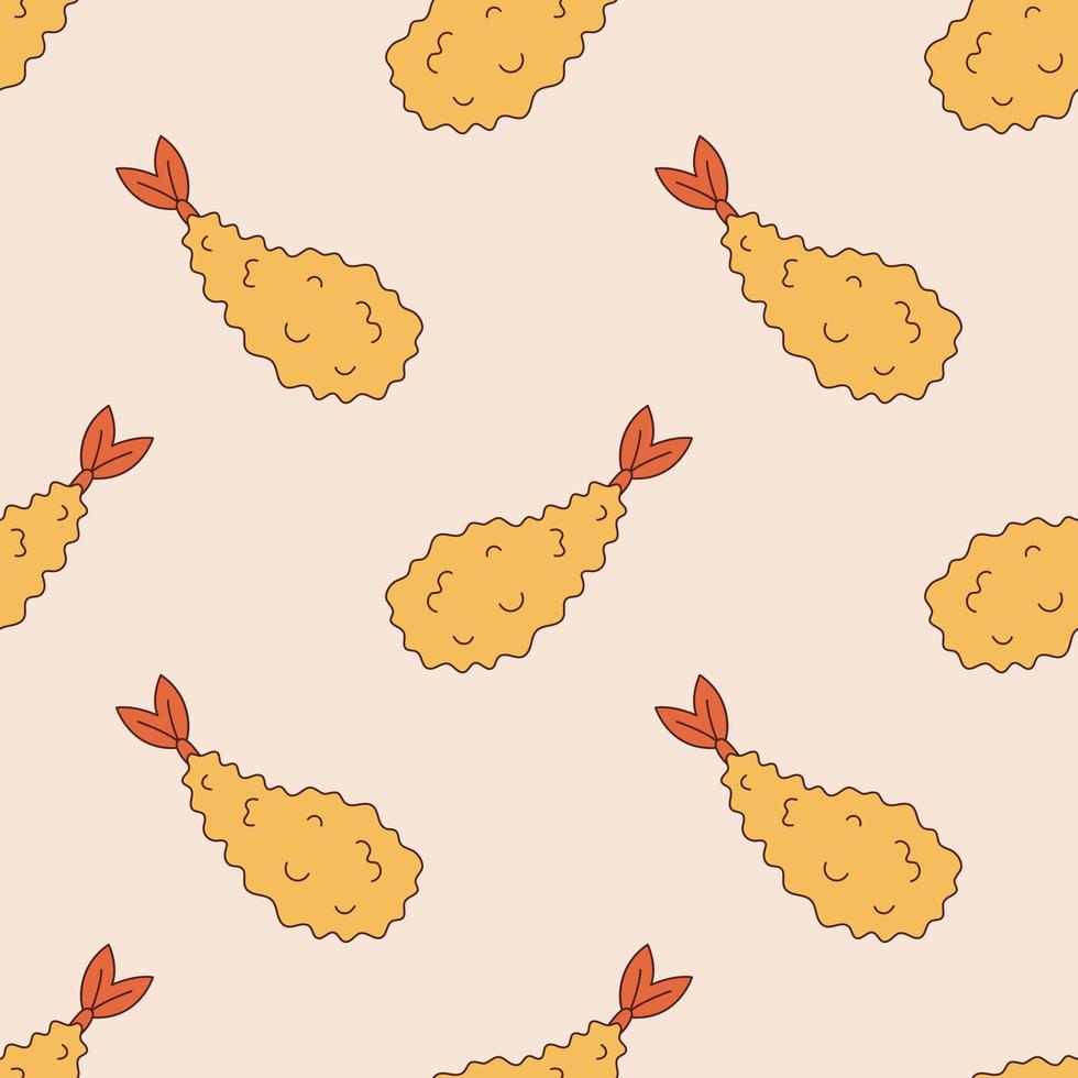 Vector seamless pattern with tempura fried ebi in retro style. Background with fried shrimp 70s. Groovy asian food.