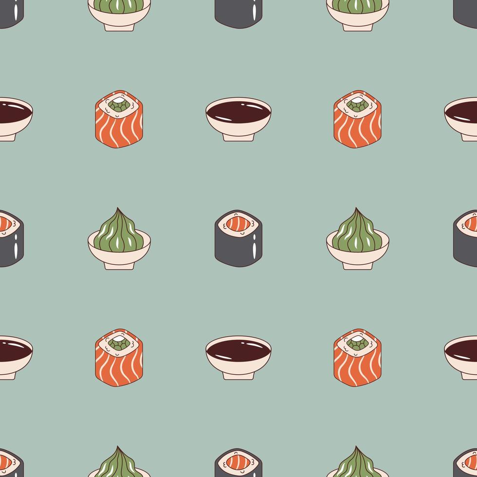 Vector seamless pattern with sushi roll, soy sauce and wasabi in retro style. Background with japanese food 70s.