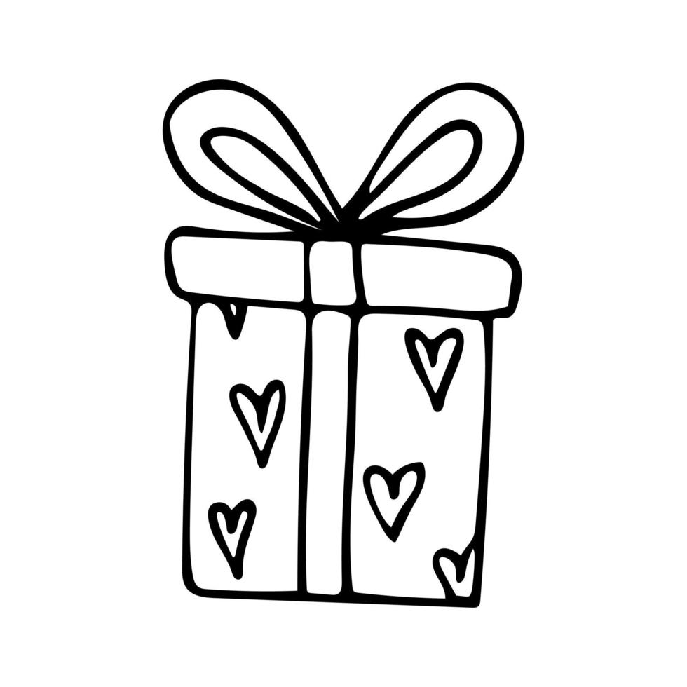 Hand drawn doodle gift box with hearts. Cute present with bow and ribbon. Vector clipart. Outline.